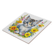 Waterverf Kitten in geel en roze bloemen Tegeltje (Zijkant)