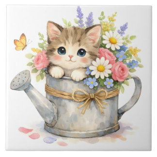 Waterverf Kitten in Gietkan met Bloemen Tegeltje