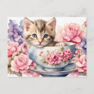Waterverf Kitten in Theekop met Bloemen  Briefkaart