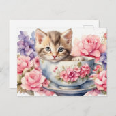 Waterverf Kitten in Theekop met Bloemen  Briefkaart (Voorkant / Achterkant)