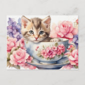 Waterverf Kitten in Theekop met Bloemen Briefkaart (Voorkant)