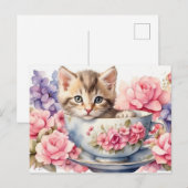 Waterverf Kitten in theekopje met bloemen Briefkaart (Voorkant / Achterkant)