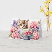 Waterverf Kitten in Theekopje met Bloemen Kaart (Gele Bloem)