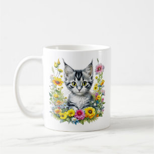 Waterverf Kitten in Yellow Flowers Gepersonaliseer Koffiemok