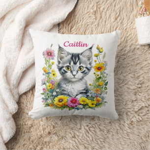 Waterverf Kitten in Yellow Flowers Gepersonaliseer Kussen