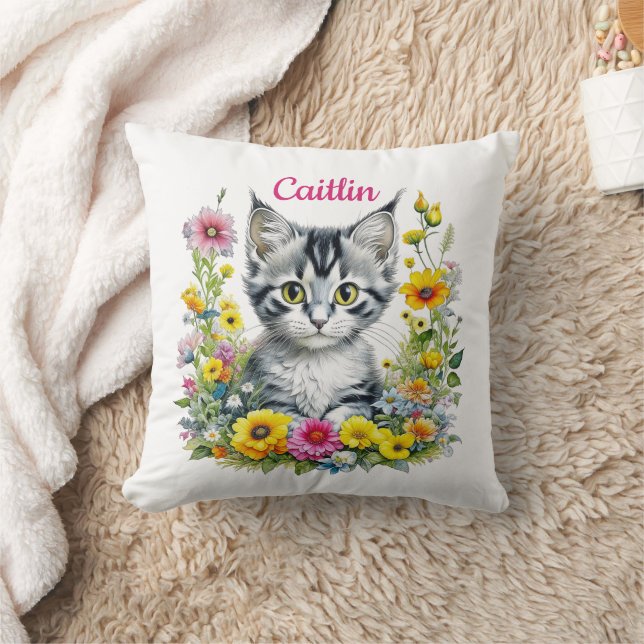 Waterverf Kitten in Yellow Flowers Gepersonaliseer Kussen (Deken)