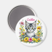 Waterverf Kitten in Yellow Flowers Gepersonaliseer Magneet (Voorkant / Achterkant)