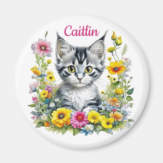 Waterverf Kitten in Yellow Flowers Gepersonaliseer Magneet (Voorkant)