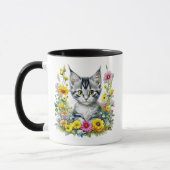 Waterverf Kitten in Yellow Flowers Gepersonaliseer Mok (Links)