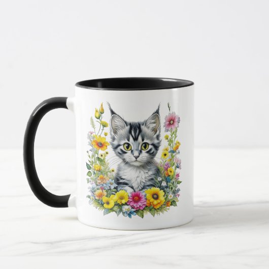 Waterverf Kitten in Yellow Flowers Gepersonaliseer Mok (Links)
