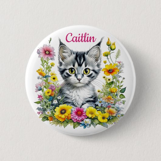 Waterverf Kitten in Yellow Flowers Gepersonaliseer Ronde Button 5,7 Cm (Voorkant)