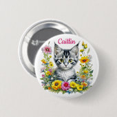 Waterverf Kitten in Yellow Flowers Gepersonaliseer Ronde Button 5,7 Cm (Voorkant /achterkant)