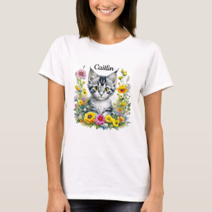 Waterverf Kitten in Yellow Flowers Gepersonaliseer T-shirt