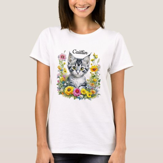 Waterverf Kitten in Yellow Flowers Gepersonaliseer T-shirt (Voorkant)