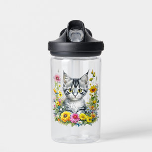 Waterverf Kitten in Yellow Flowers Gepersonaliseer Waterfles