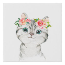 Waterverf kitten met bloemen imitatie canvas print