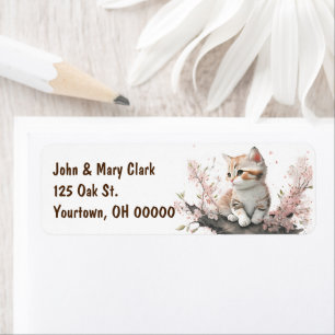 Waterverf kitten met roze bloemen etiket