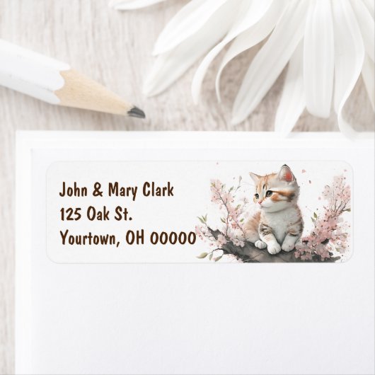 Waterverf kitten met roze bloemen etiket (Insitu)