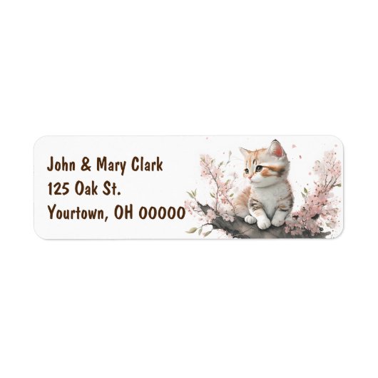 Waterverf kitten met roze bloemen etiket (Voorkant)