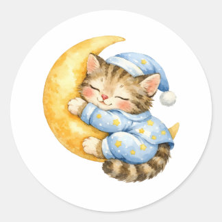 Waterverf Kitten Slapend op de Halve Maan  Ronde Sticker