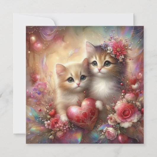 Waterverf Kittens Bloemen Harten Valentijn Feestdagenkaart (Voorkant)