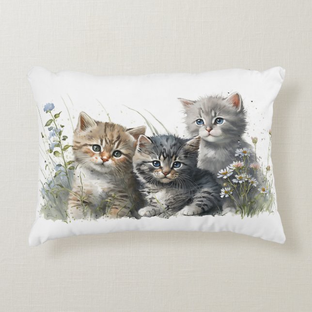 Waterverf Kittens in Wildflower Accent Kussen (Voorkant)