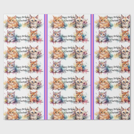 Waterverf Kittens Naam kind Verjaardagscadeau Cadeaupapier (Vlak)