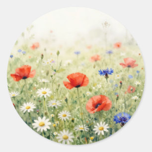 Waterverf Klaproos Madeliefje Korenbloem Weide Pat Ronde Sticker