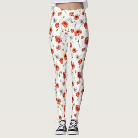 Waterverf Klaprozen En Witte Veldbloemen Leggings (Voorkant)