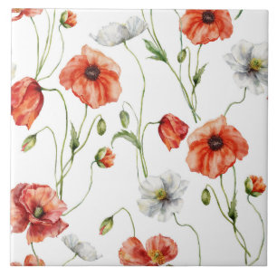 Waterverf Klaprozen En Witte Veldbloemen  Tegeltje