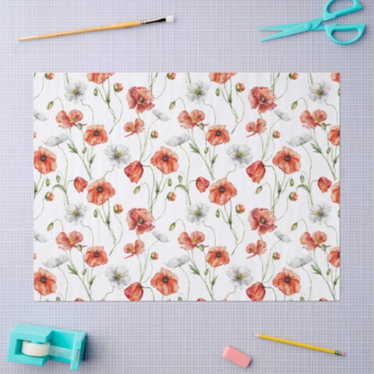 Waterverf Klaprozen En Witte Veldbloemen Tissuepapier (Craft)