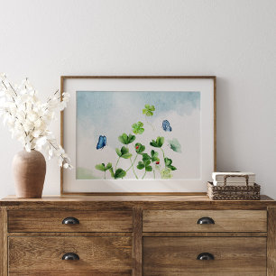 Waterverf Klavers en Vlinders Poster