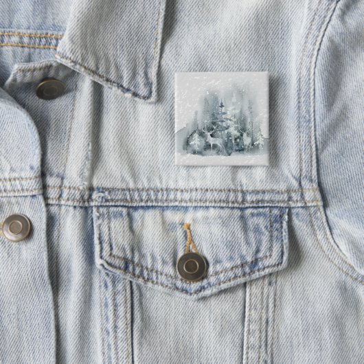 Waterverf, kleding, bos, herten, sneeuw, bomen vierkante button 5,1 cm (In situ)