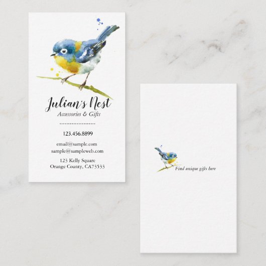 Waterverf Kleine Blauwe Vogel in een Tak Generiek Visitekaartje (Voorkant / Achterkant)