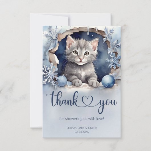 Waterverf kleine kitten Winter Baby shower Bedankkaart (Voorkant)