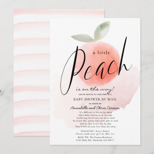 Waterverf Kleine Peach roze Baby shower per post Kaart (Voorkant / Achterkant)