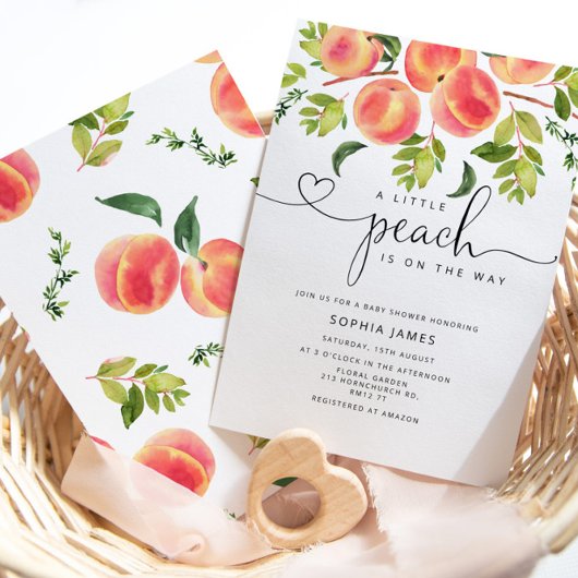 Waterverf Kleine perziken is onderweg naar baby sh Kaart