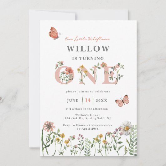 Waterverf Kleine Wildbloem 1e verjaardag Kaart (Voorkant)