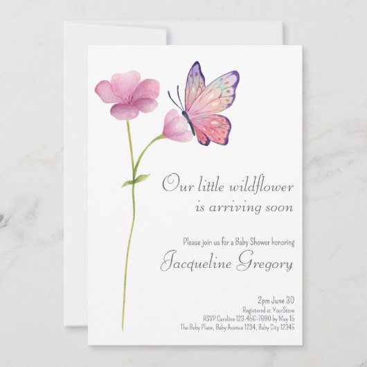 Waterverf Kleine Wildflower Vlinder Baby shower Kaart (Voorkant)
