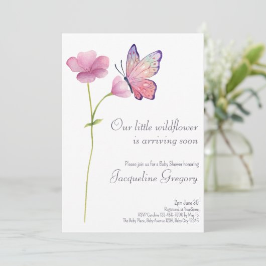 Waterverf Kleine Wildflower Vlinder Baby shower Kaart (Staand voorkant)