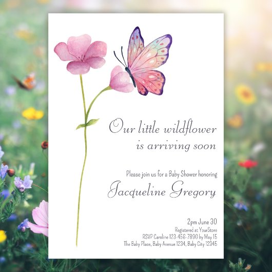 Waterverf Kleine Wildflower Vlinder Baby shower Kaart