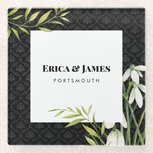 Waterverf Kleine witte sneeuwval & Laurel Damask Glazen Onderzetter (Voorkant)