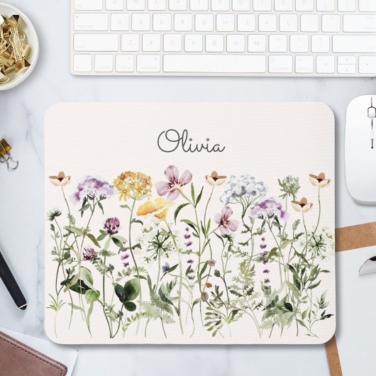 Waterverf Kleurige Wilde Bloementuin met Monogram Muismat