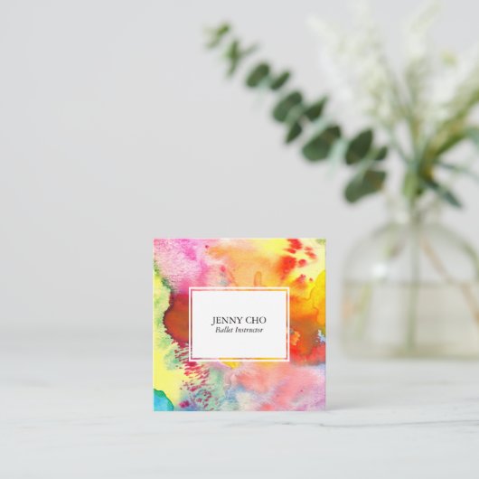 Waterverf kleurrijk gestructureerd schilderij leve vierkante visitekaartje (Staand voorkant)