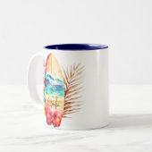 Waterverf Kleurrijk Surfboard in de Ocean Wave Tweekleurige Koffiemok (Voorkant links)