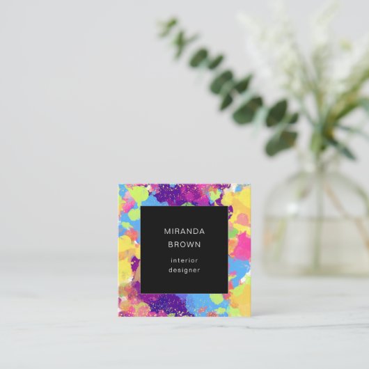 Waterverf Kleurrijke Abstracte zwarte QR-code Vierkante Visitekaartje (Staand voorkant)