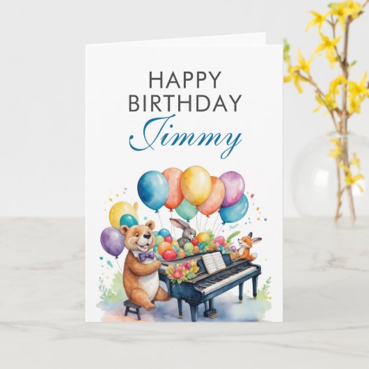 Waterverf Kleurrijke Ballonnen Animal Piano Verjaa Kaart (Gele Bloem)