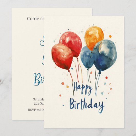 Waterverf kleurrijke ballonnen verjaardag kaart (Voorkant / Achterkant)