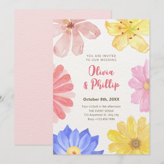 Waterverf kleurrijke bloemen bruiloft kaart (Voorkant / Achterkant)