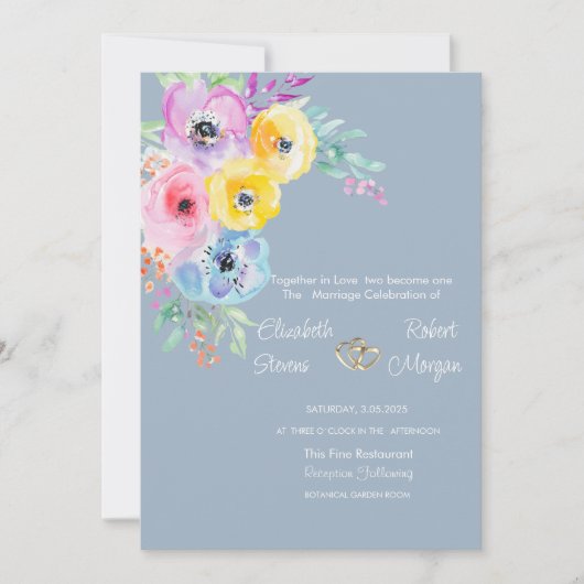 Waterverf Kleurrijke Bloemen Dusty Blue Wedding Kaart (Voorkant)